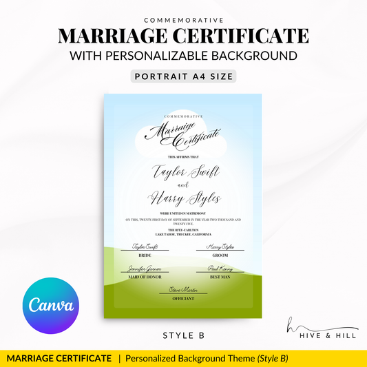Elegant Personalized Portrait Marriage Certificate with Custom Background