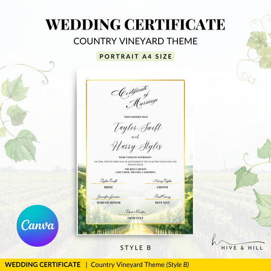 Countryside Bliss Portrait Wedding Certificate – Elegant Farm & Field Design