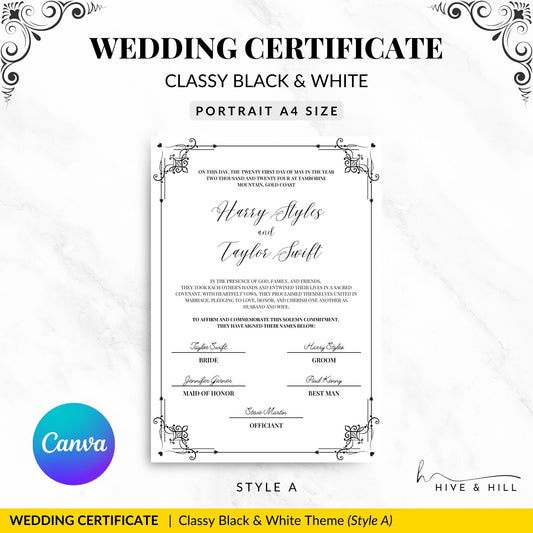 Classic Black and White Portrait Marriage Certificate – Elegant Wedding Keepsake