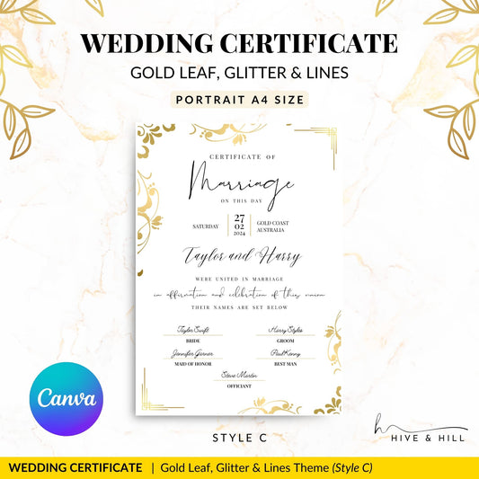 Sophisticated Gold Portrait Marriage Certificate – A Lasting Symbol of Your Wedding Day