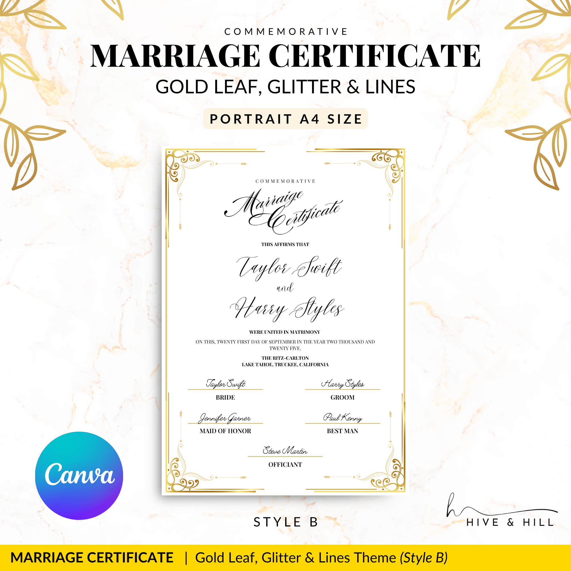 Handcrafted Gold Portrait Marriage Certificate – Keepsake for Your Wedding Day