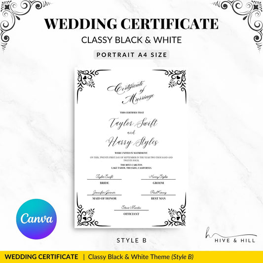 Classic Black and White Portrait Marriage Certificate – Beautifully Crafted Wedding Keepsake