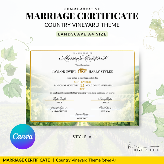 Vineyard Romance Wedding Certificate – Rustic Country & Vineyard Keepsake