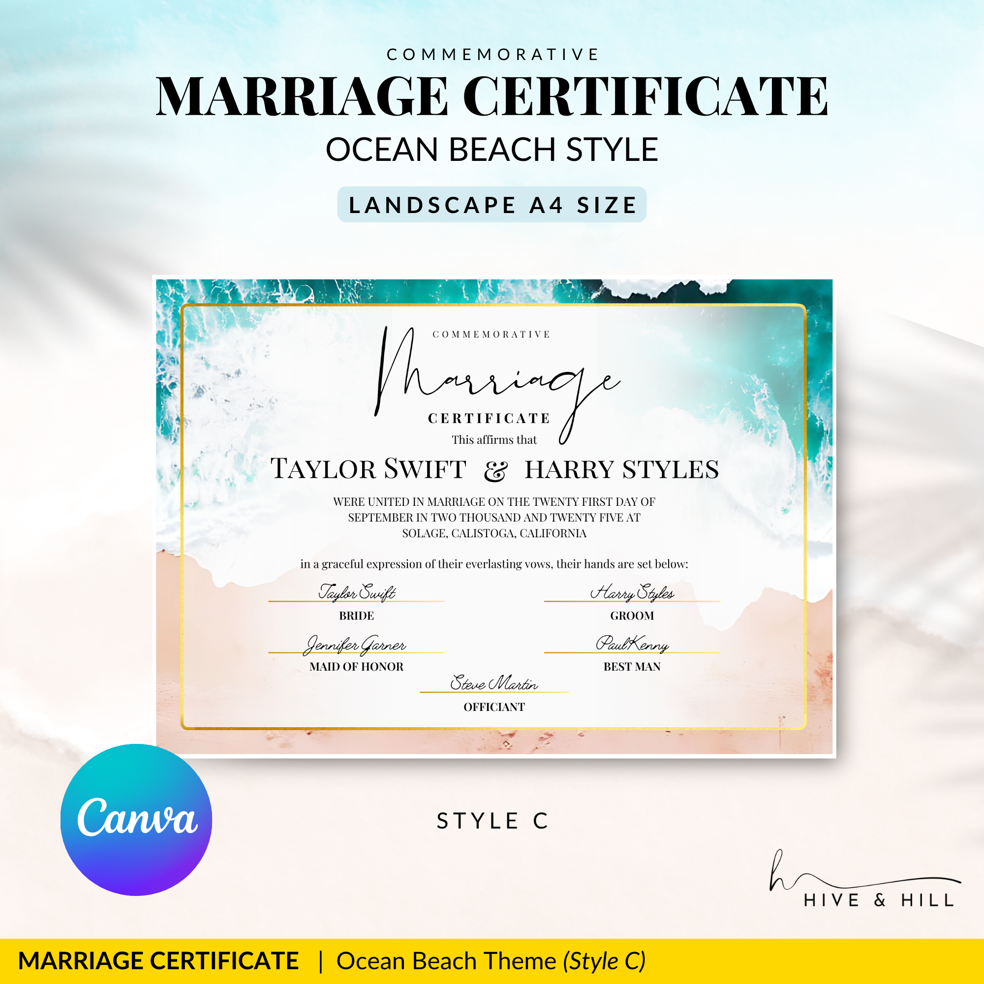 Endless Horizon Surfside Wedding Certificate – Aerial Beach & Sun-Inspired Memento