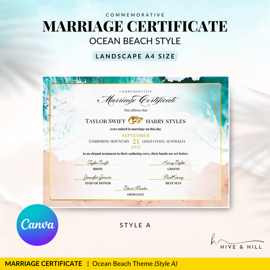 Coastal Serenity Beach Wedding Certificate – Sun, Surf & Sand Keepsake