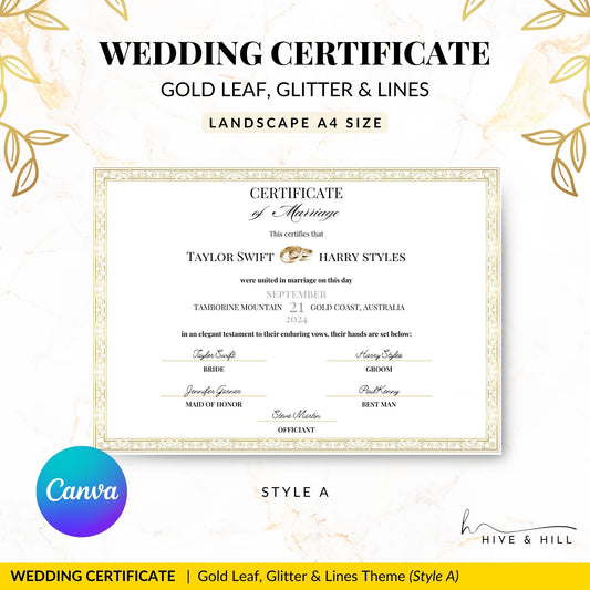 Classic Gold Landscape Marriage Certificate – Elegant Keepsake for Your Wedding Day