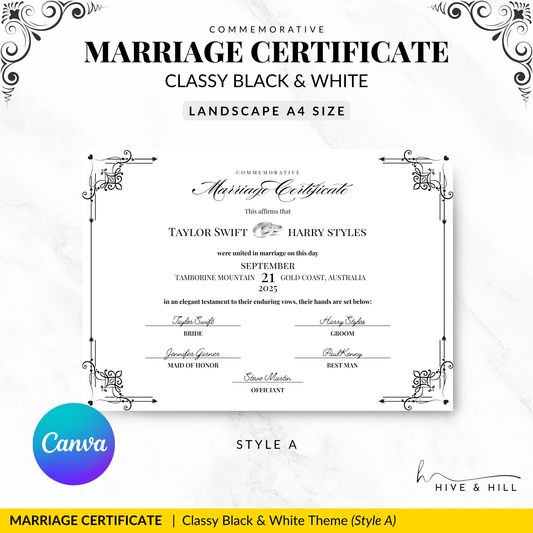 Classic Black & White Landscape Marriage Certificate – Timeless Elegance for Any Home