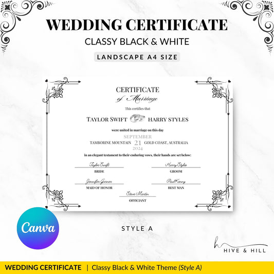 Classic Black & White Landscape Marriage Certificate – Timeless Elegance for Any Home