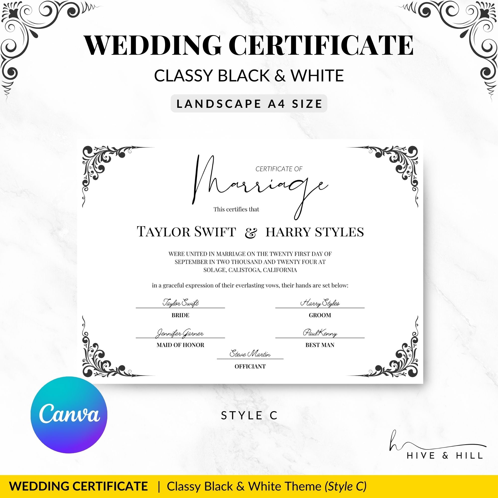 Elegant Black and White Landscape Marriage Certificate – Timeless Wedding Keepsake