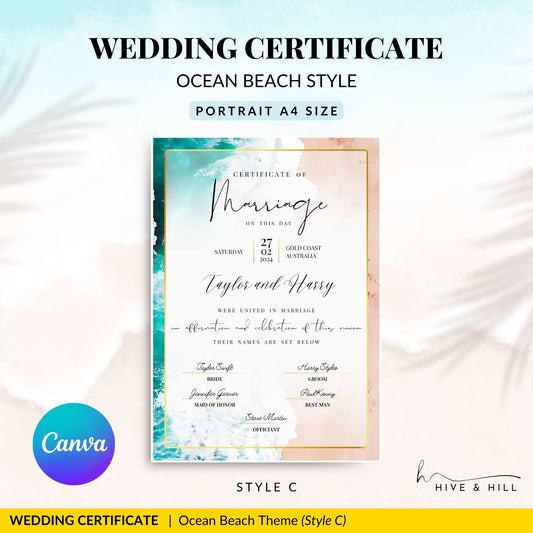 Beach Design Wedding Certificate – Beautiful Aerial Beach & Surf Design