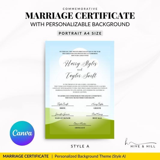 Personalized Marriage Certificate Portrait Style with Customizable Background Photo