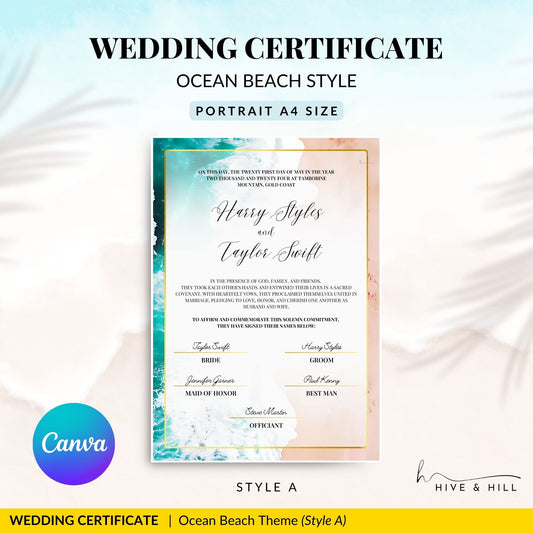 Coastal Serenity Beach Wedding Certificate – Elegant Aerial Ocean & Sand Design