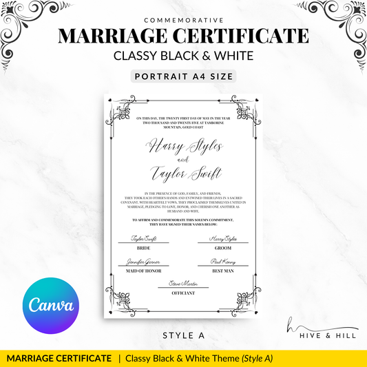 Classic Black and White Portrait Marriage Certificate – Elegant Wedding Keepsake