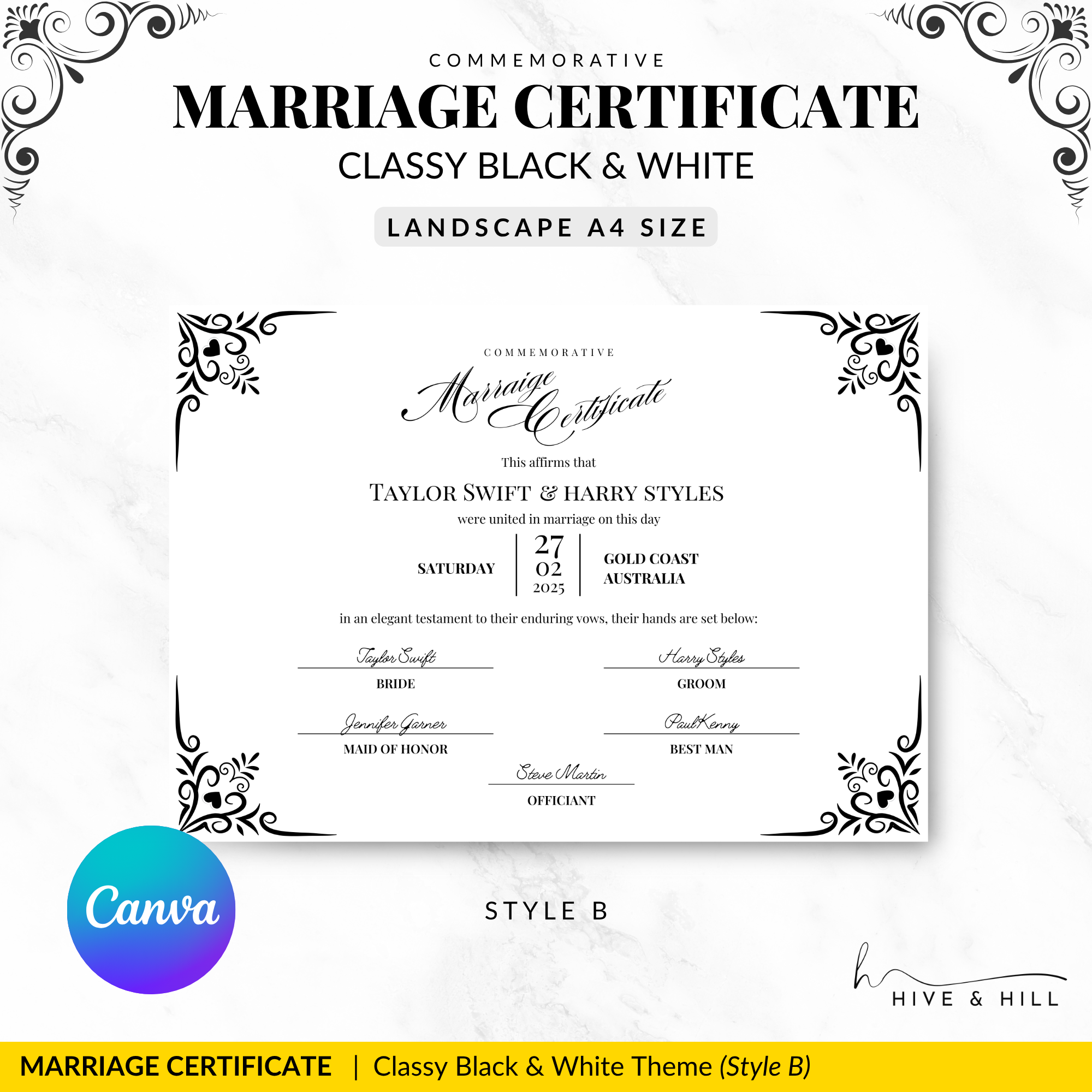 Timeless Black and White Landscape Marriage Certificate – Elegant Wedding Keepsake