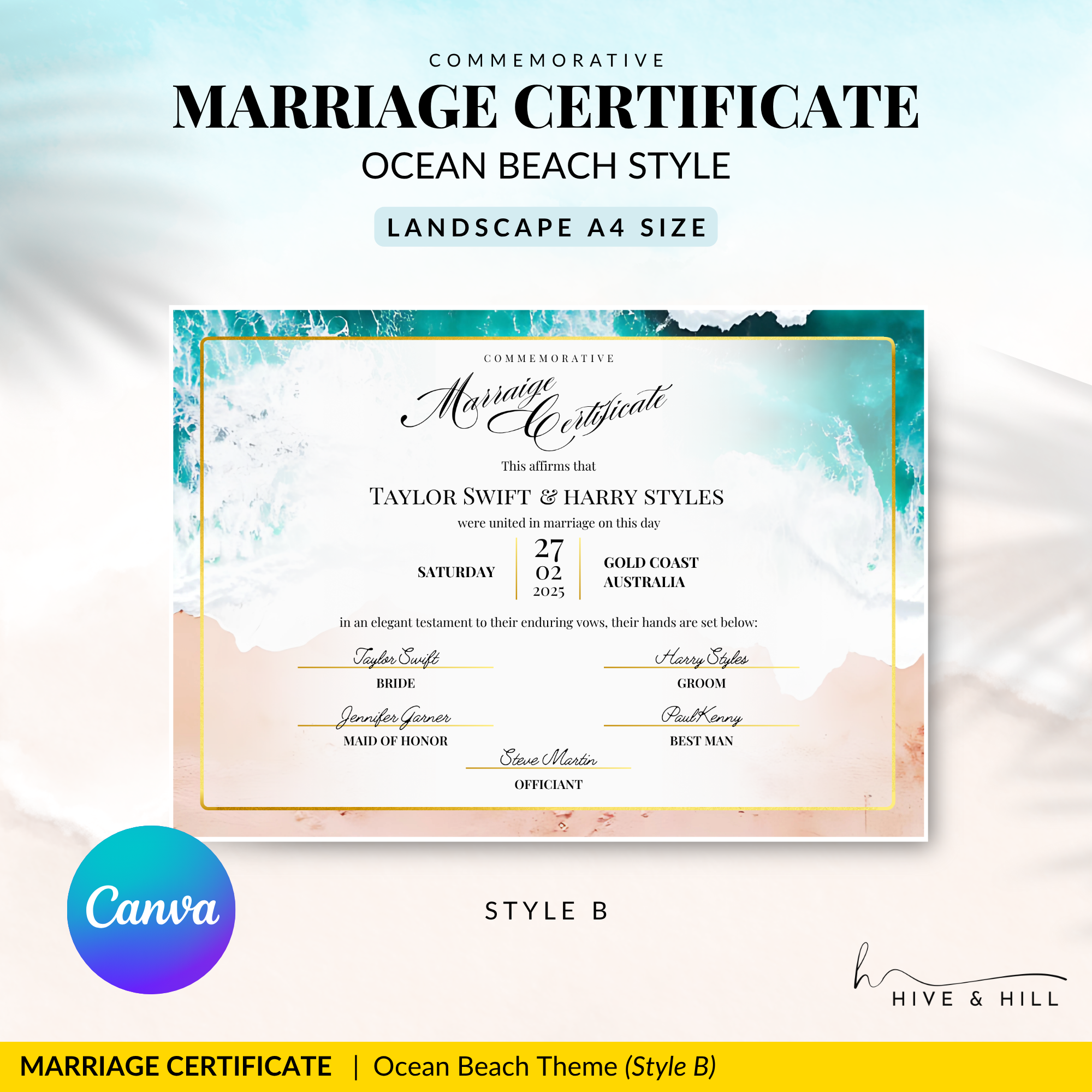 Ocean Breeze Landscape Wedding Certificate – Elegant Beach & Waves Design