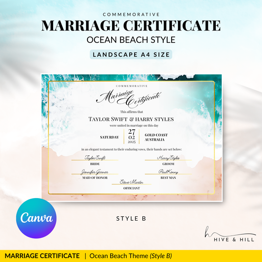 Ocean Breeze Landscape Wedding Certificate – Elegant Beach & Waves Design