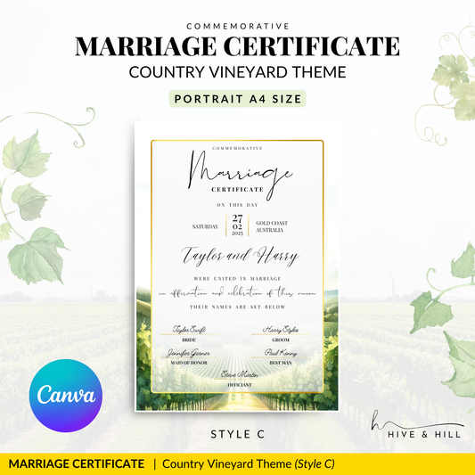 Golden Harvest Portrait Wedding Certificate – Vineyard & Rustic Country Memento