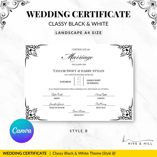 Timeless Black and White Landscape Marriage Certificate – Elegant Wedding Keepsake