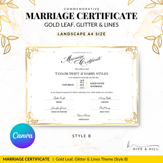 Timeless Gold Landscape Marriage Certificate – A Cherished Keepsake of Your Wedding Day