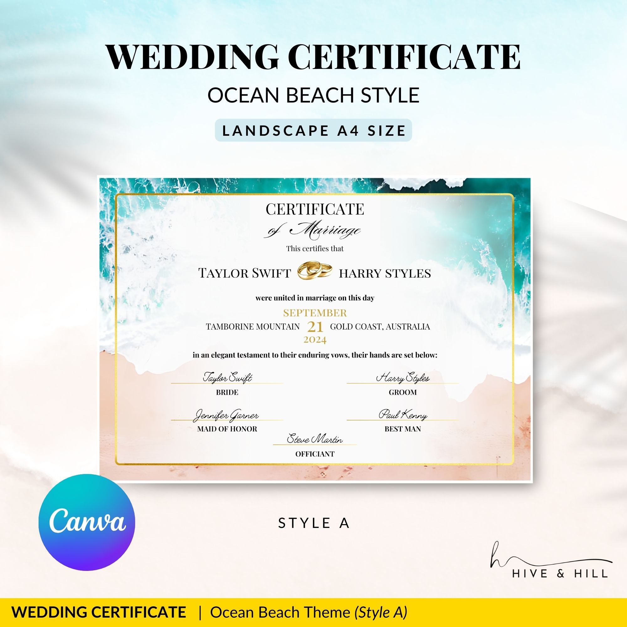 Coastal Serenity Beach Wedding Certificate – Sun, Surf & Sand Keepsake