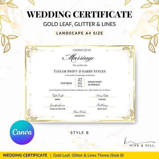 Timeless Gold Landscape Marriage Certificate – A Cherished Keepsake of Your Wedding Day