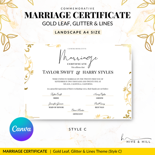 Classic Gold Landscape Marriage Certificate – Perfect Keepsake for Your Wedding Day