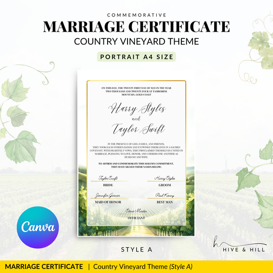 Vineyard Romance Wedding Certificate – Rustic Country & Vineyard Keepsake (Portrait)