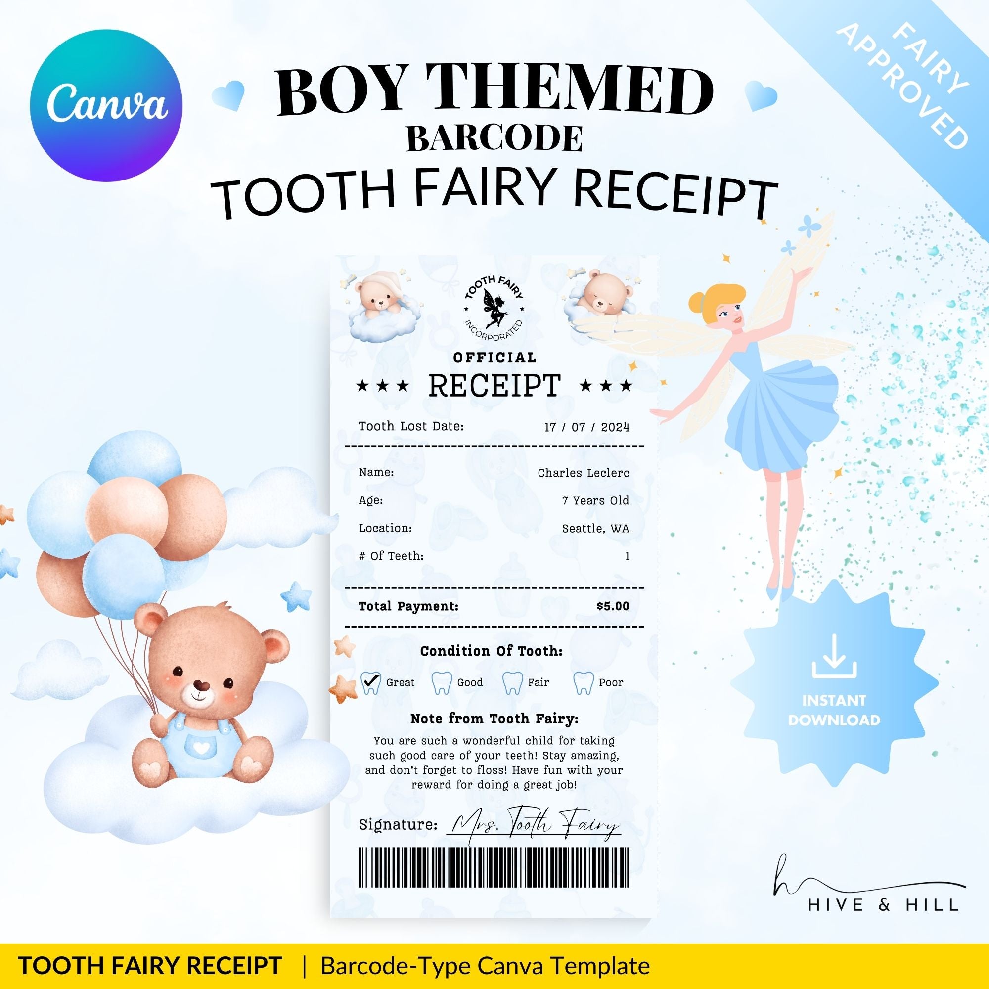 CUSTOM Boy Bear Cub Tooth Fairy Receipt - Download, Edit, and Print for a Sweet Surprise Under the Pillow.