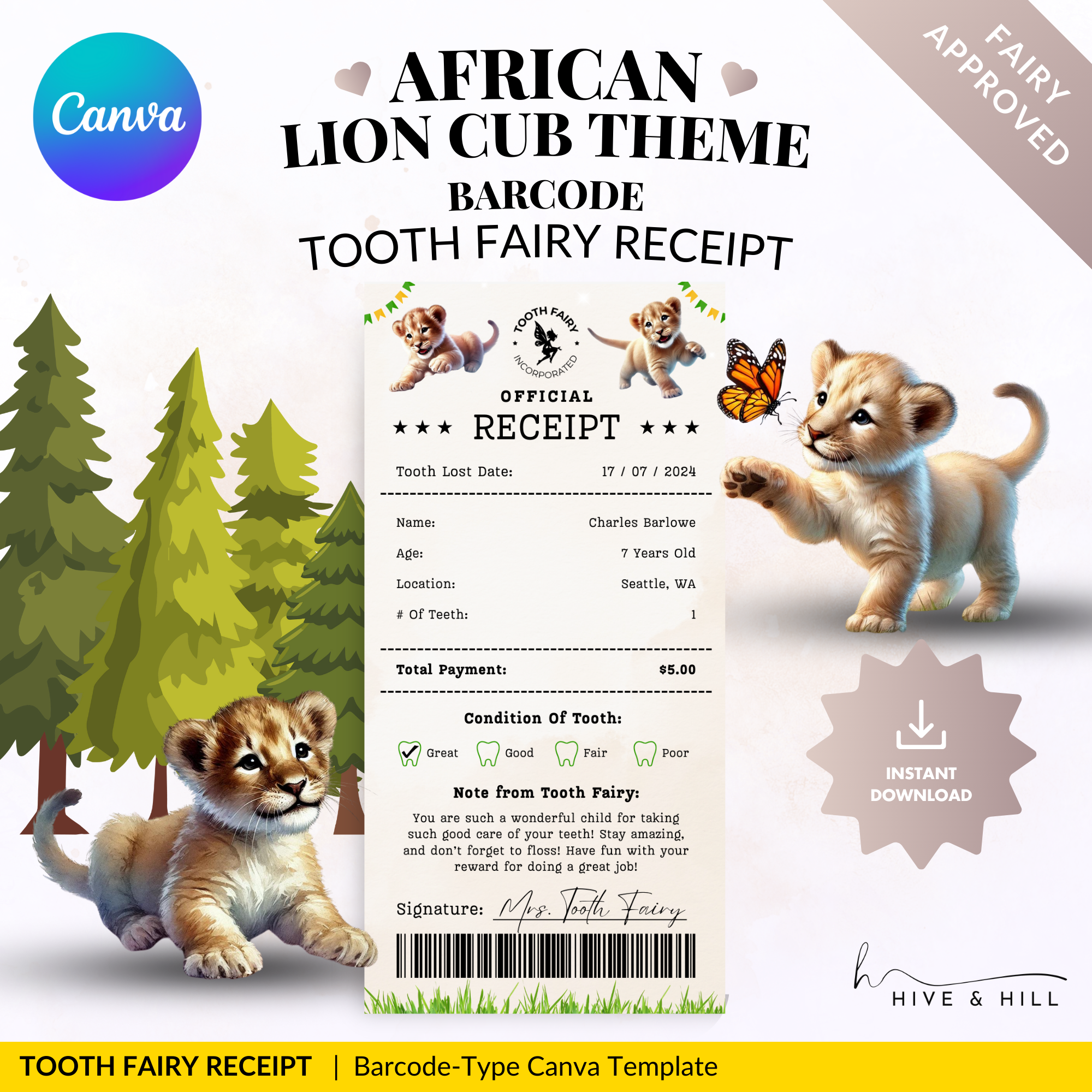 CUSTOMISED African Lion Cub Tooth Fairy Receipt for Kids.  Just Download, Edit and Print then place with a Coin under your Childs Pillow