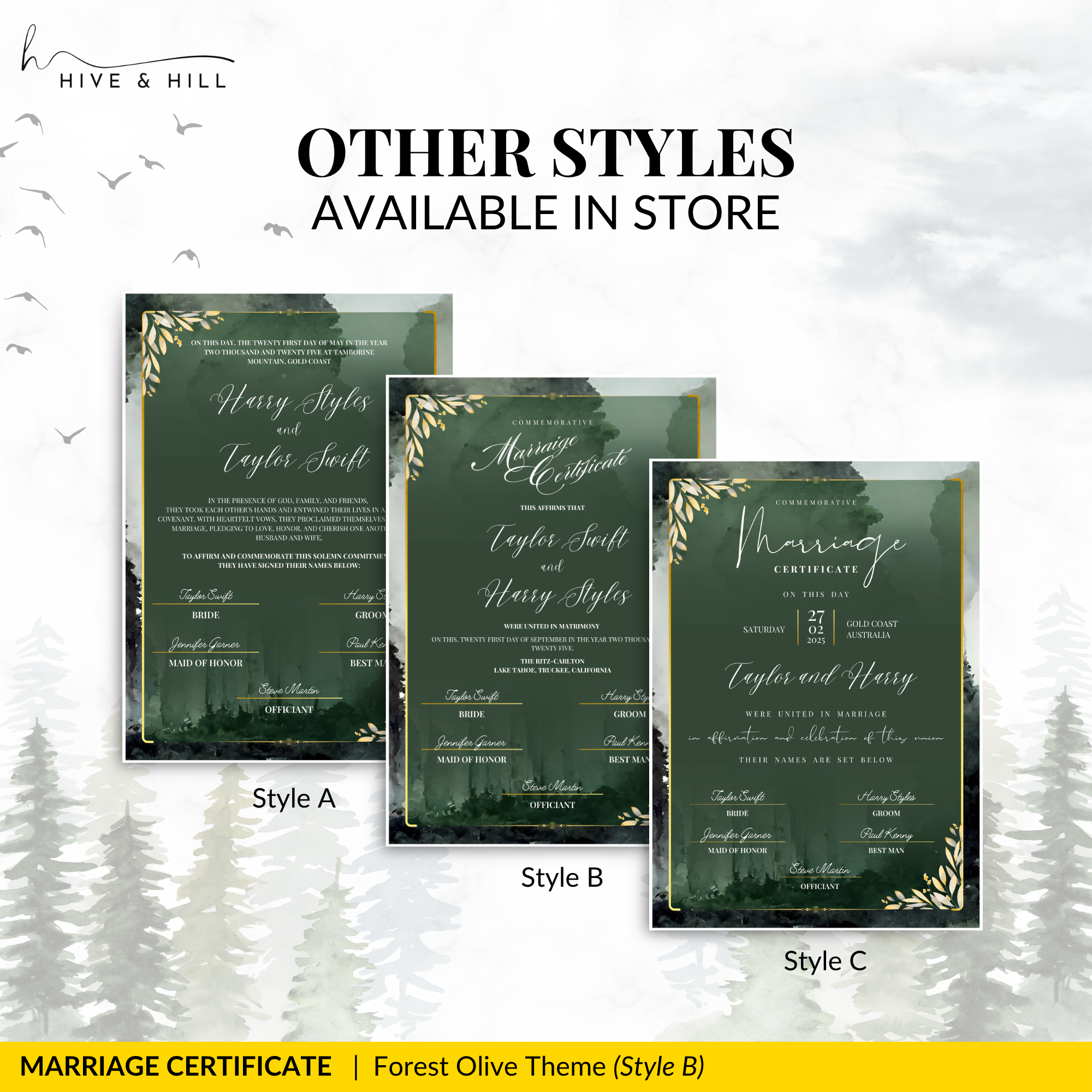 Woodland Harmony Portrait Wedding Certificate – Elegant Forest-Inspired Design