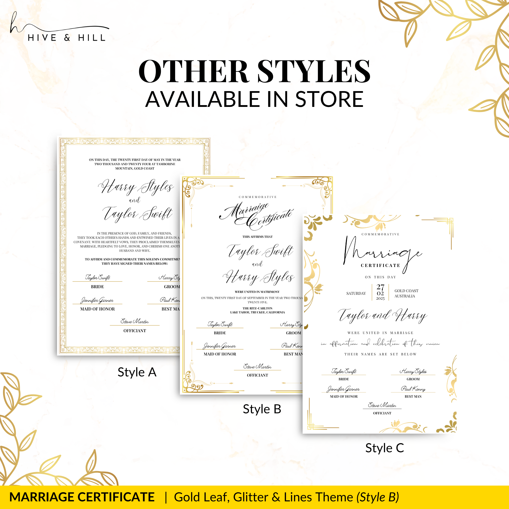 Gold Leaf Commemorative Wedding Certificate – Stunning Gold Leaf Theme Keepsake