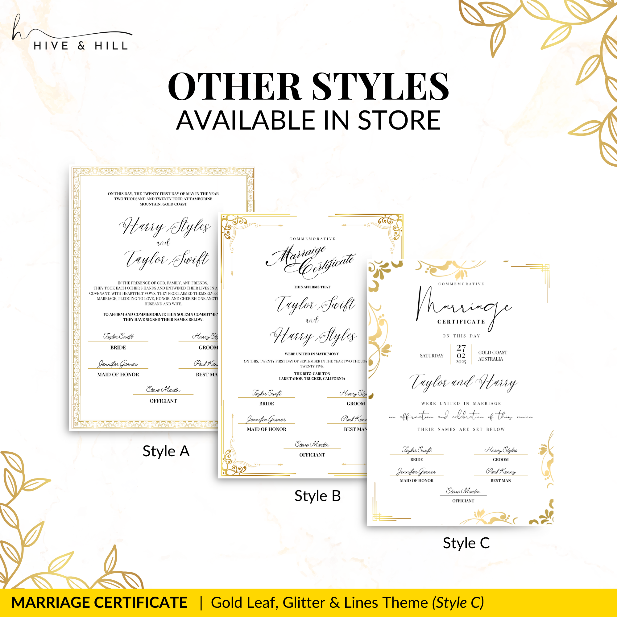 Sophisticated Gold Portrait Marriage Certificate – A Lasting Symbol of Your Wedding Day