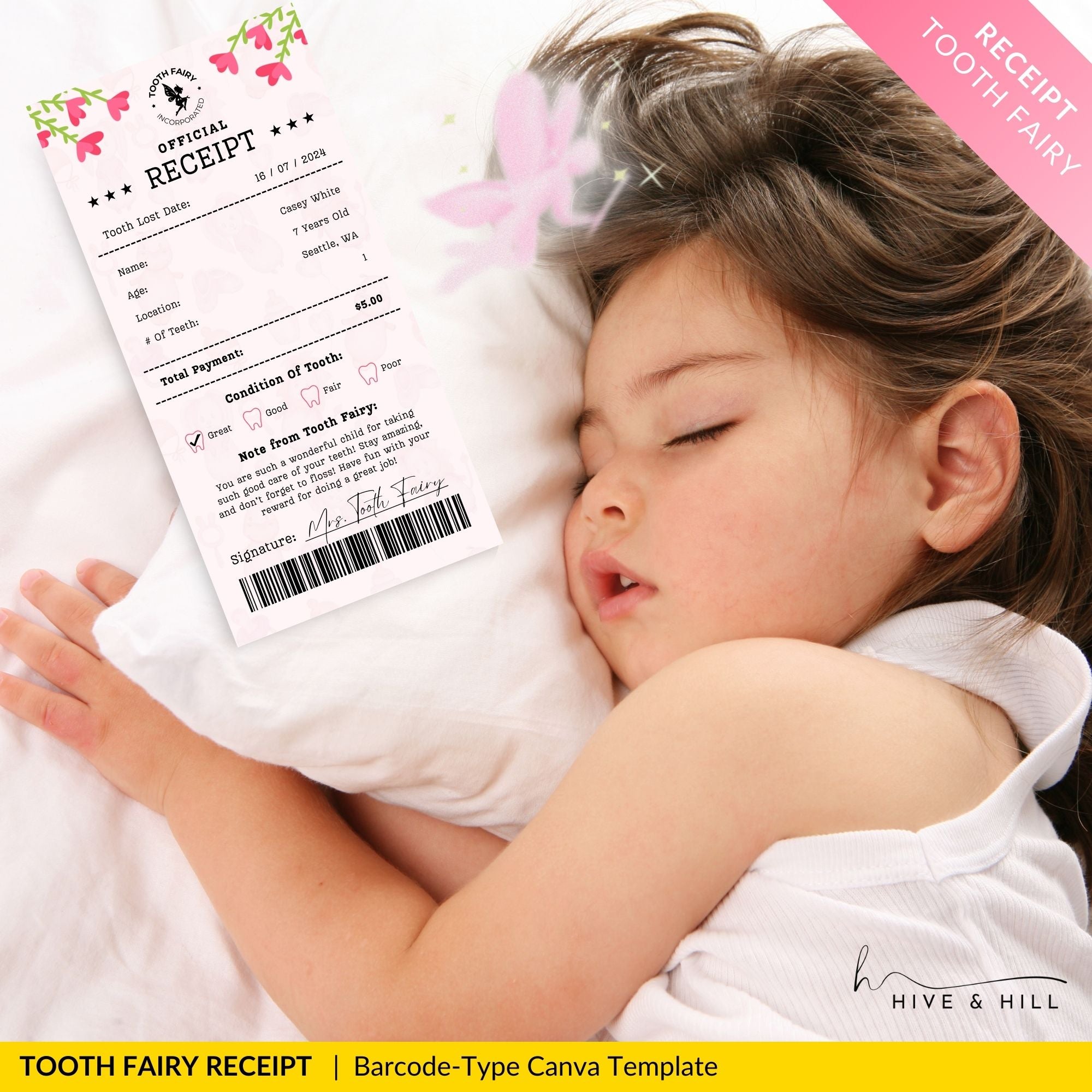 PERSONALIZED Baby Girl Tooth Fairy Receipt - Download, Edit, and Print for a Sweet Surprise Under the Pillow.