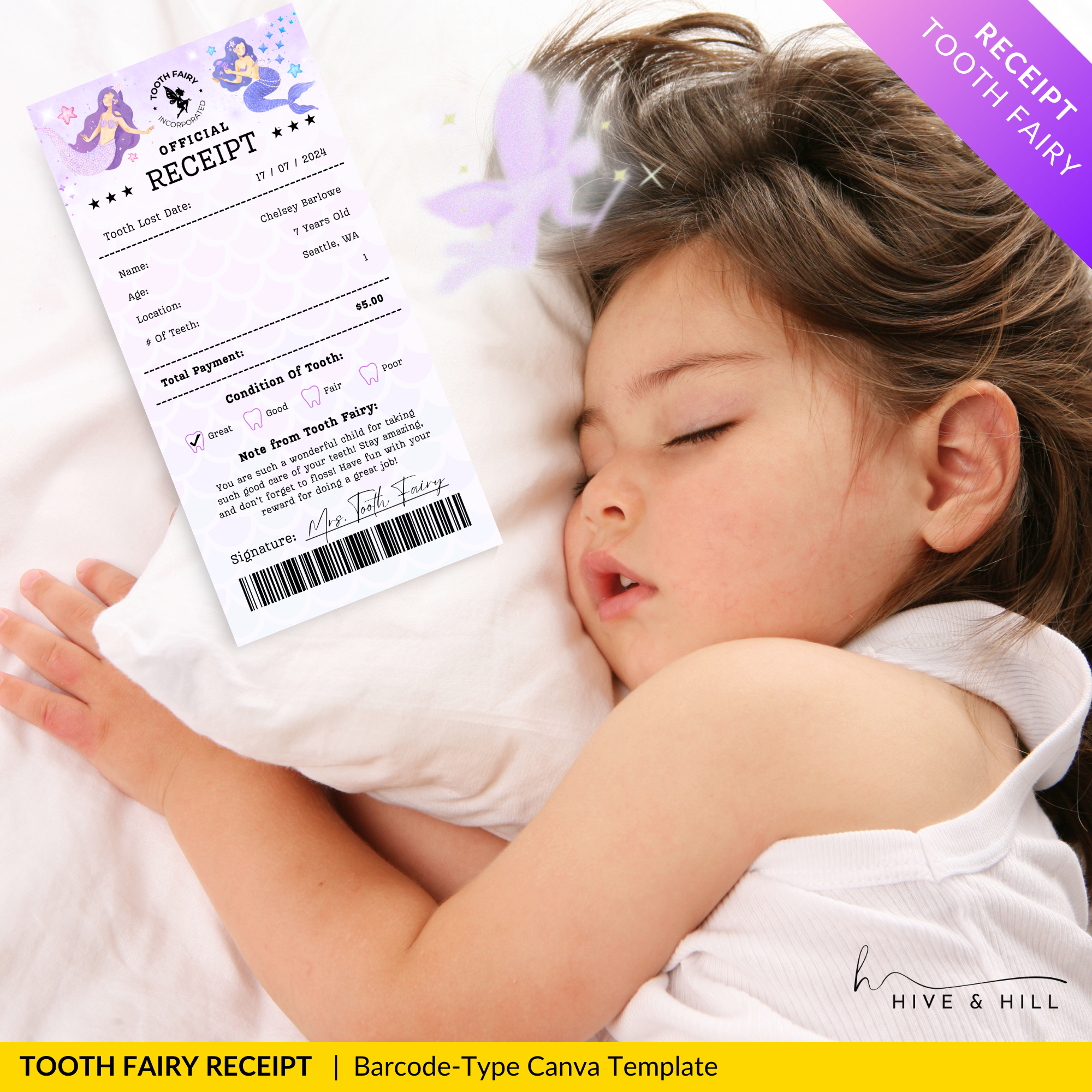 INSTANT DOWNLOAD Little Girl Mermaid Tooth Fairy Receipt - Edit, and Print for a Magical Surprise Under the Pillow.