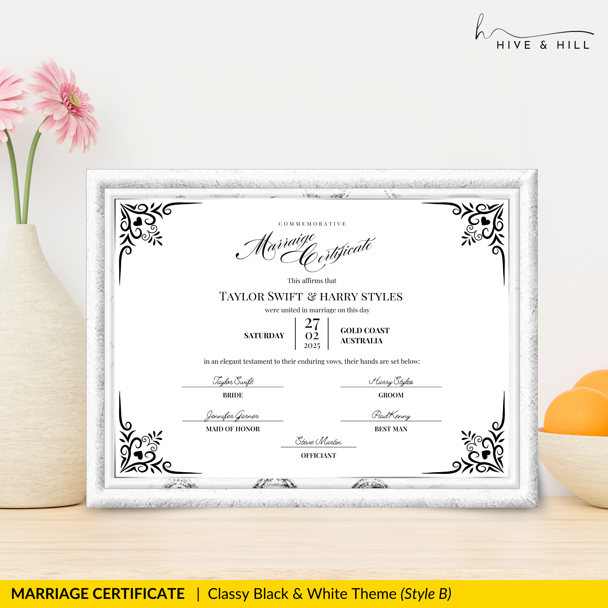 Timeless Black and White Landscape Marriage Certificate – Elegant Wedding Keepsake