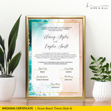 Coastal Serenity Beach Wedding Certificate – Elegant Aerial Ocean & Sand Design