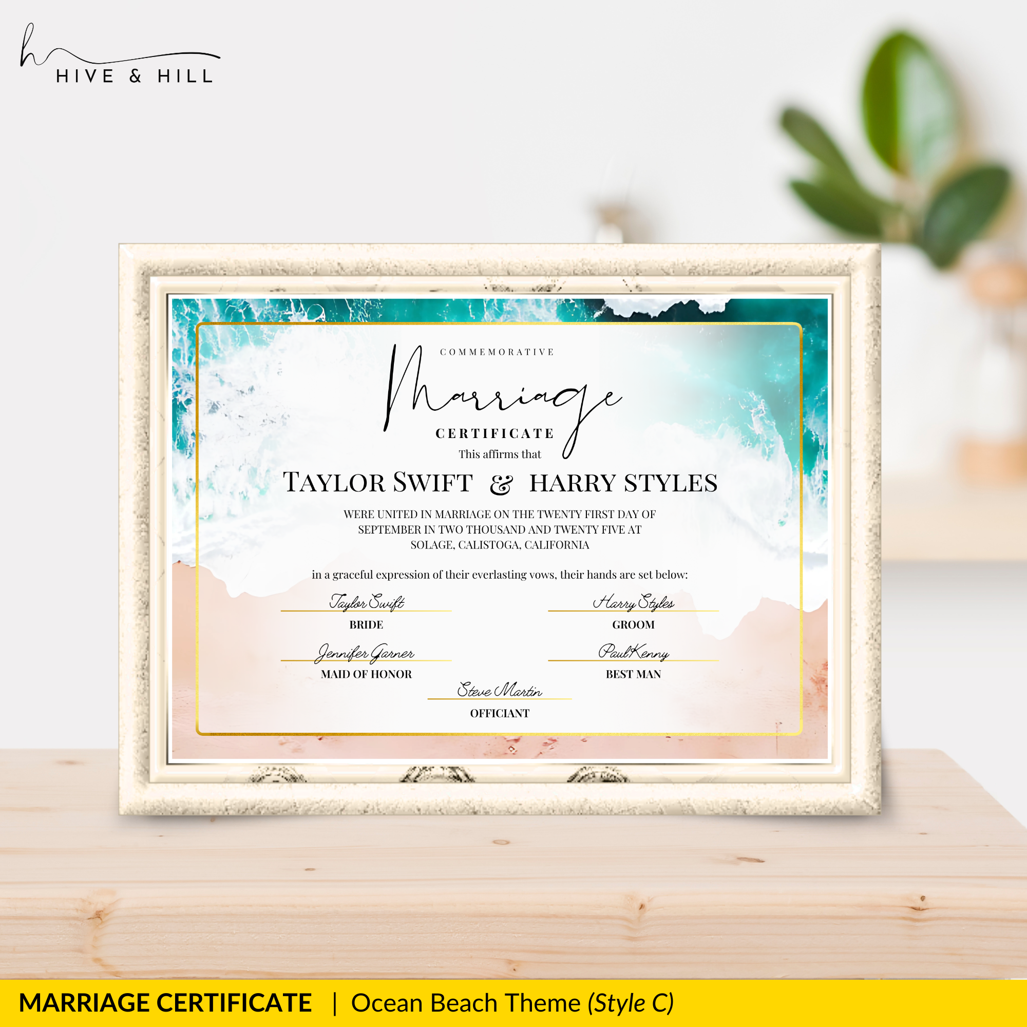 Endless Horizon Surfside Wedding Certificate – Aerial Beach & Sun-Inspired Memento