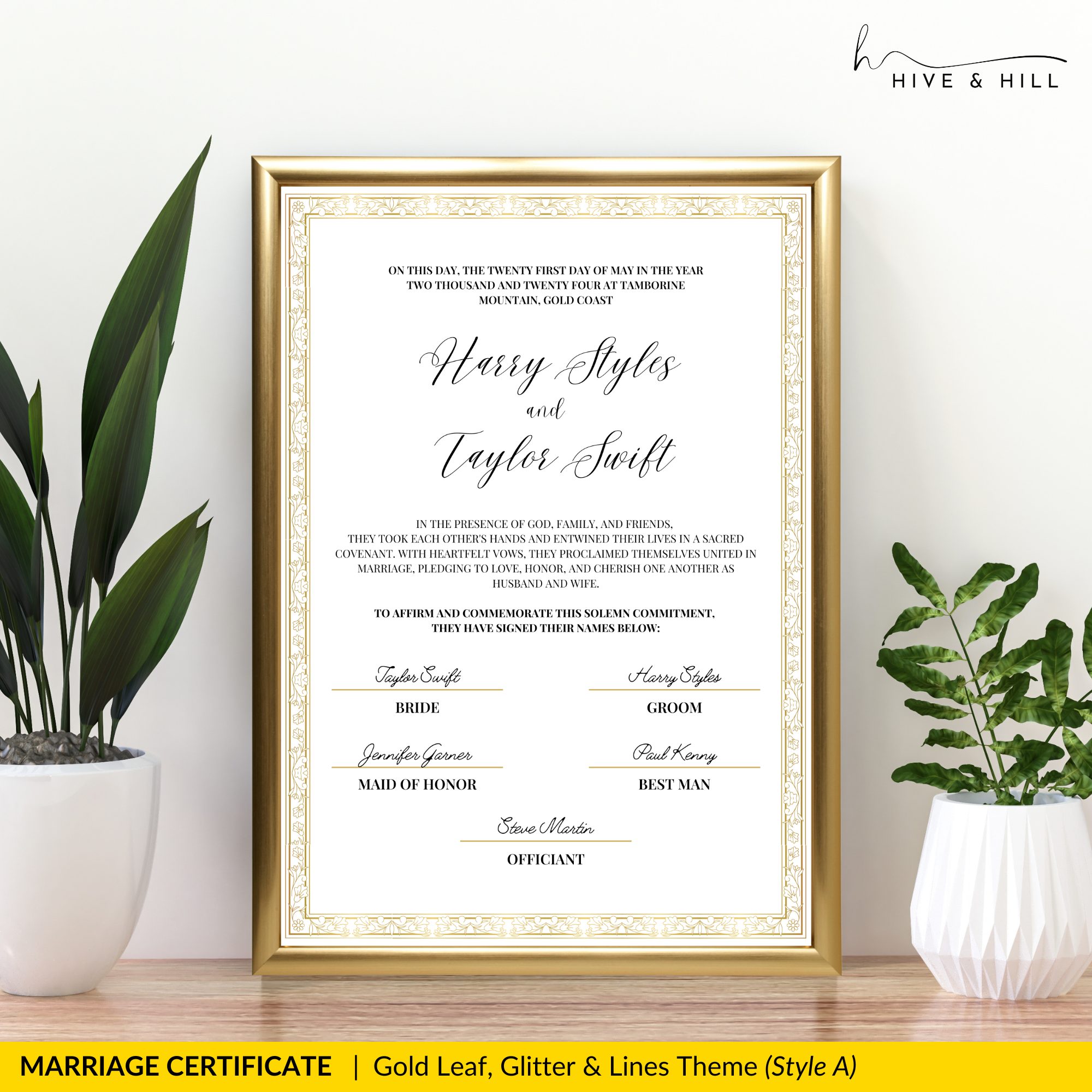 Handcrafted Gold Portrait Marriage Certificate – Elegant Keepsake for Your Wedding Day
