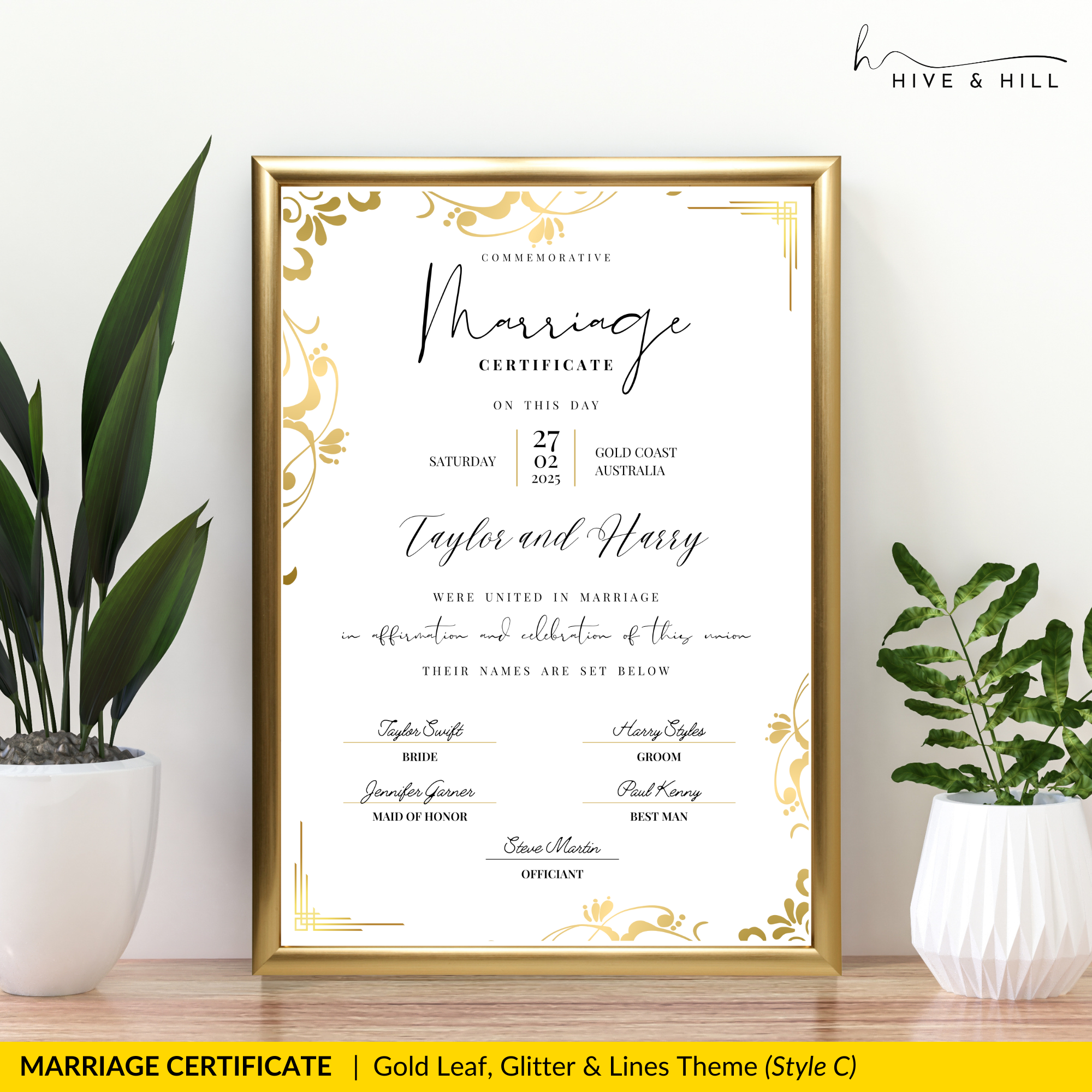 Sophisticated Gold Portrait Marriage Certificate – A Lasting Symbol of Your Wedding Day