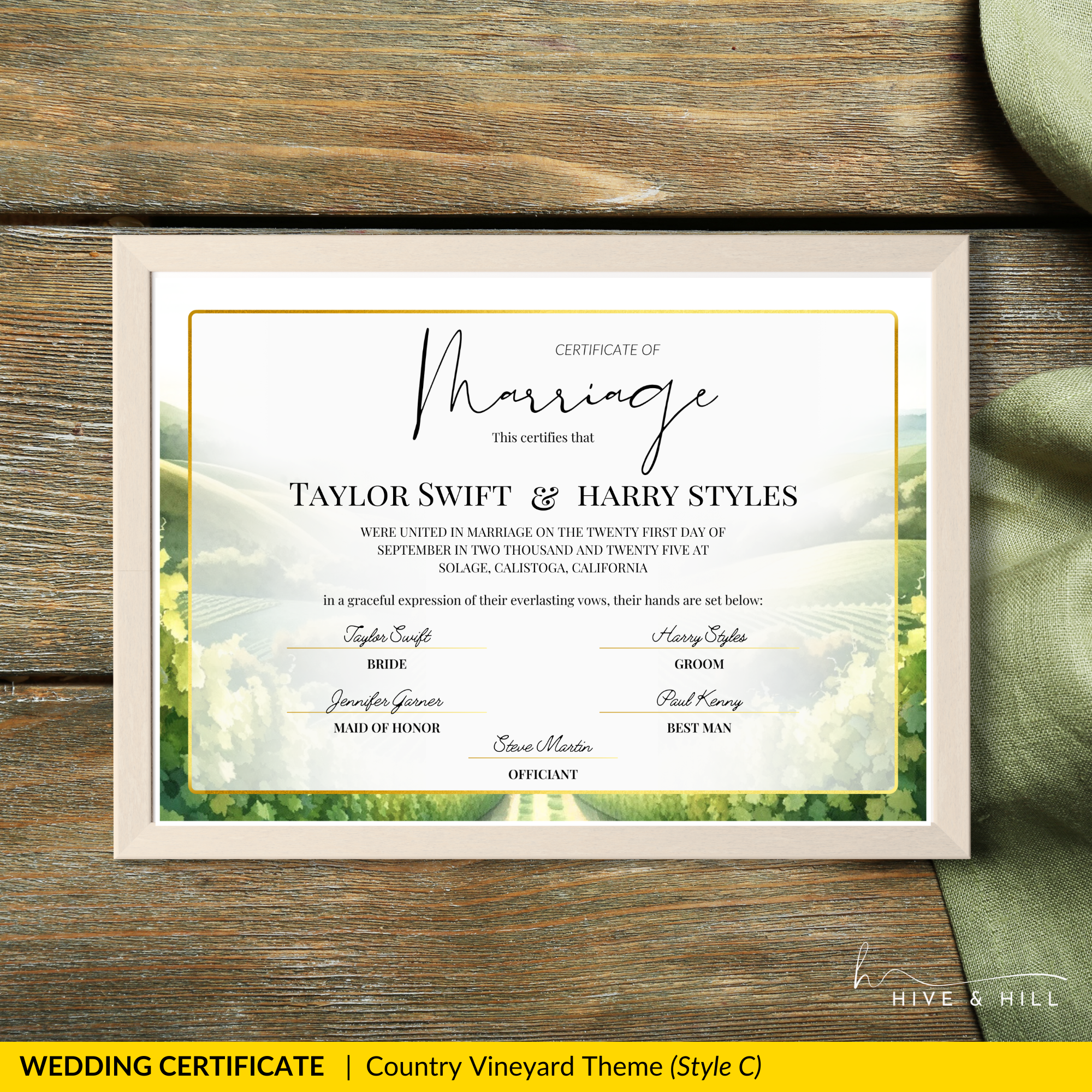 Golden Harvest Wedding Certificate – Vineyard & Rustic Country-Inspired Memento