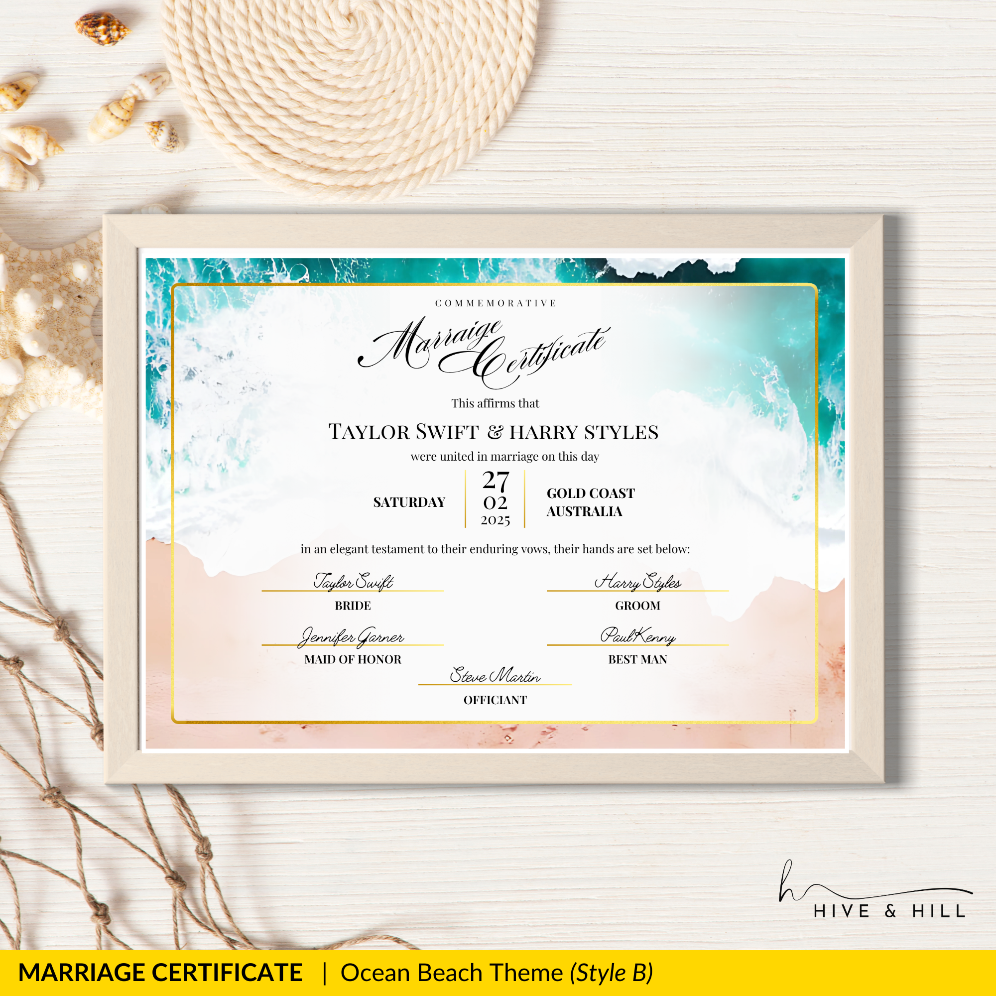 Ocean Breeze Landscape Wedding Certificate – Elegant Beach & Waves Design