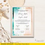 Coastal Serenity Beach Wedding Certificate – Elegant Aerial Ocean & Sand Design