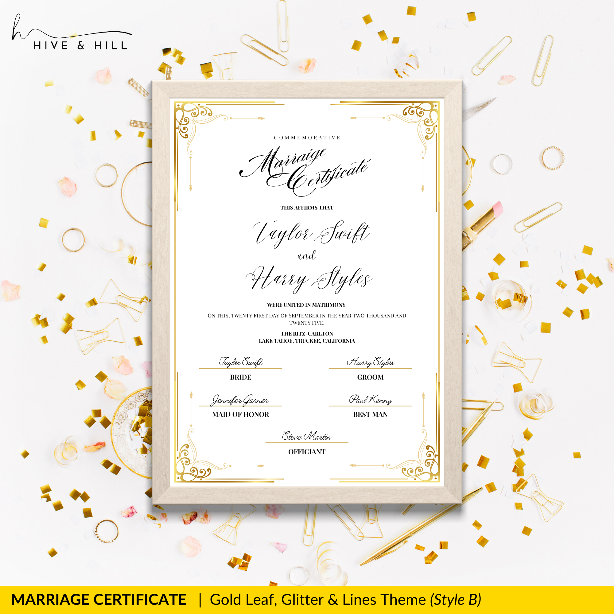 Handcrafted Gold Portrait Marriage Certificate – Keepsake for Your Wedding Day