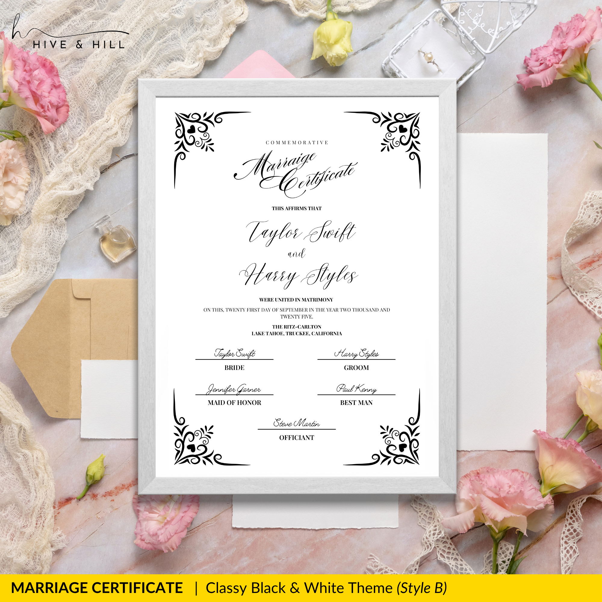 Classic Black and White Portrait Marriage Certificate – Beautifully Crafted Wedding Keepsake