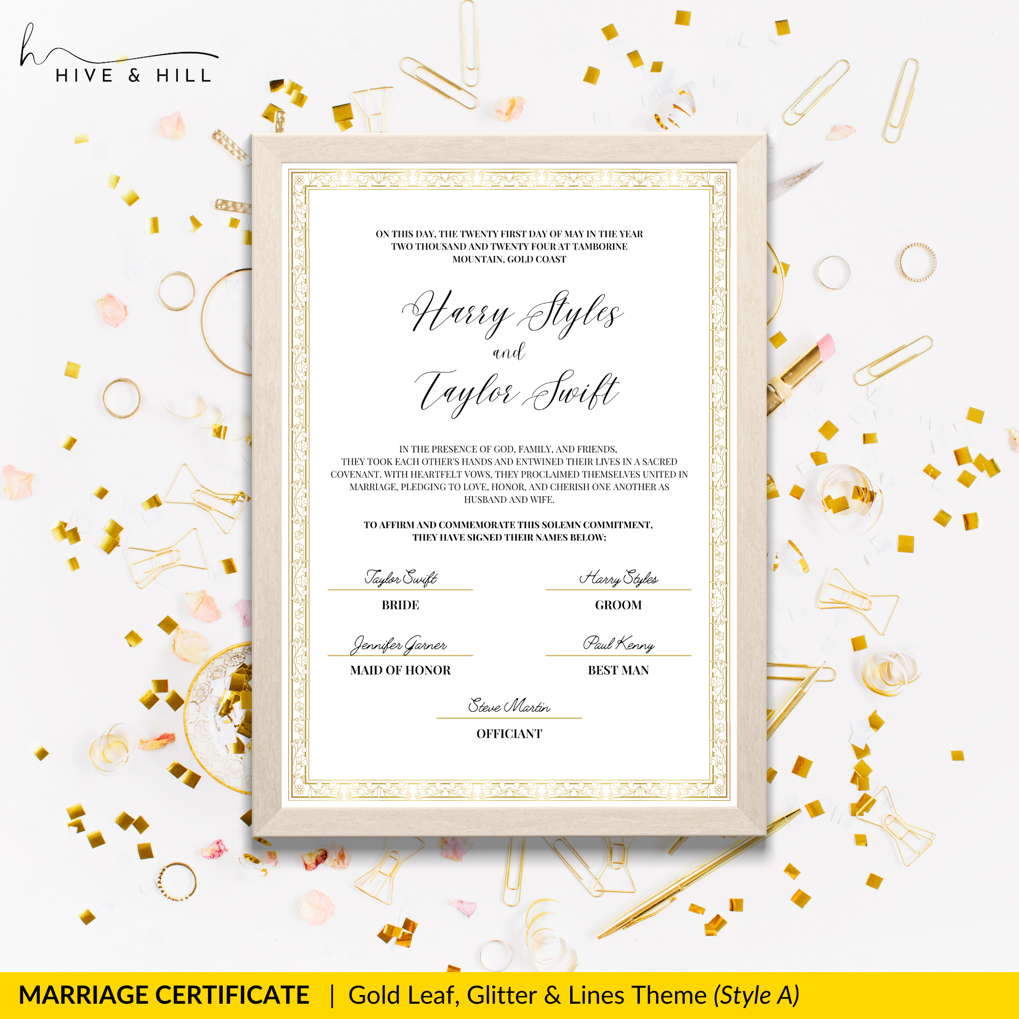 Handcrafted Gold Portrait Marriage Certificate – Elegant Keepsake for Your Wedding Day