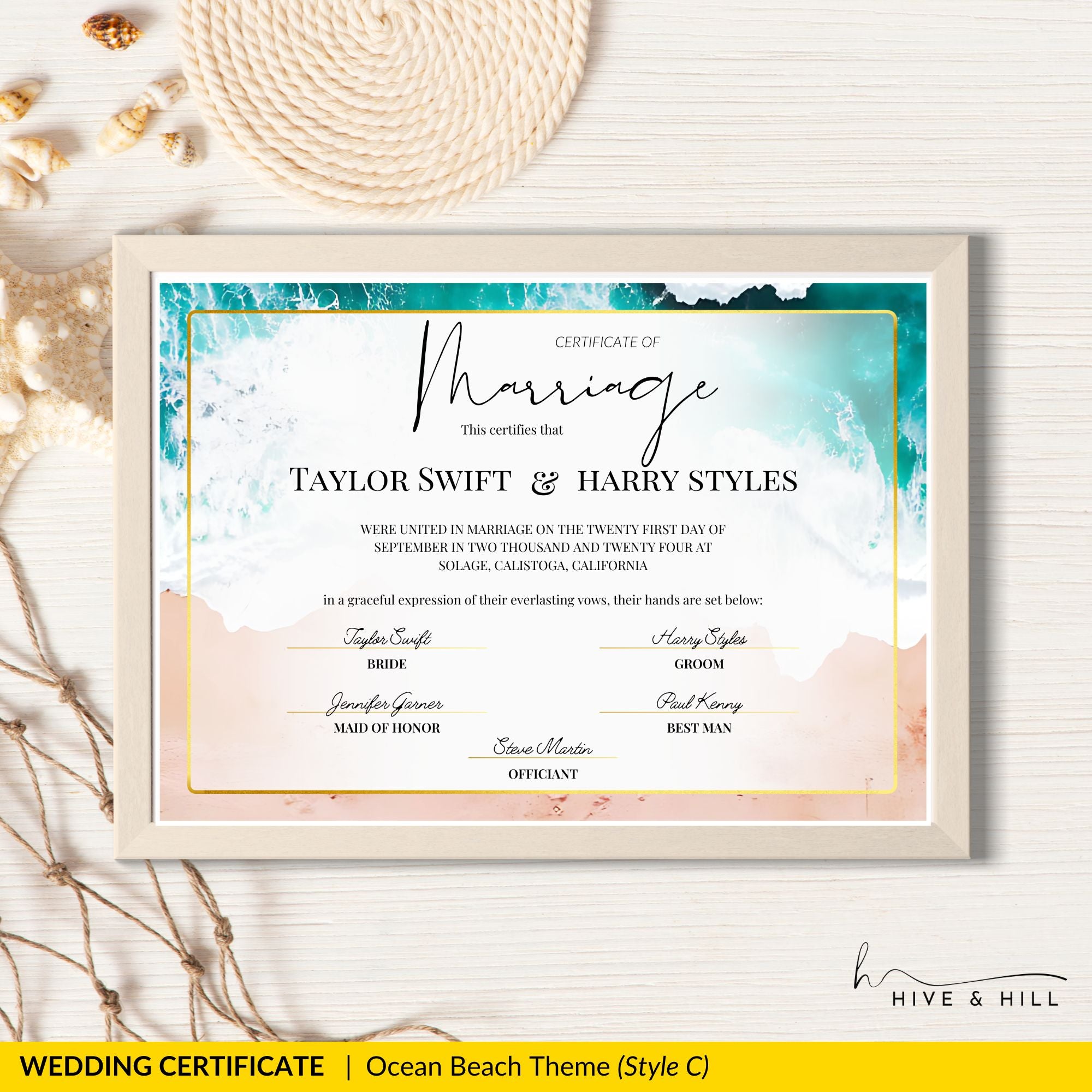 Endless Horizon Surfside Wedding Certificate – Aerial Beach & Sun-Inspired Memento