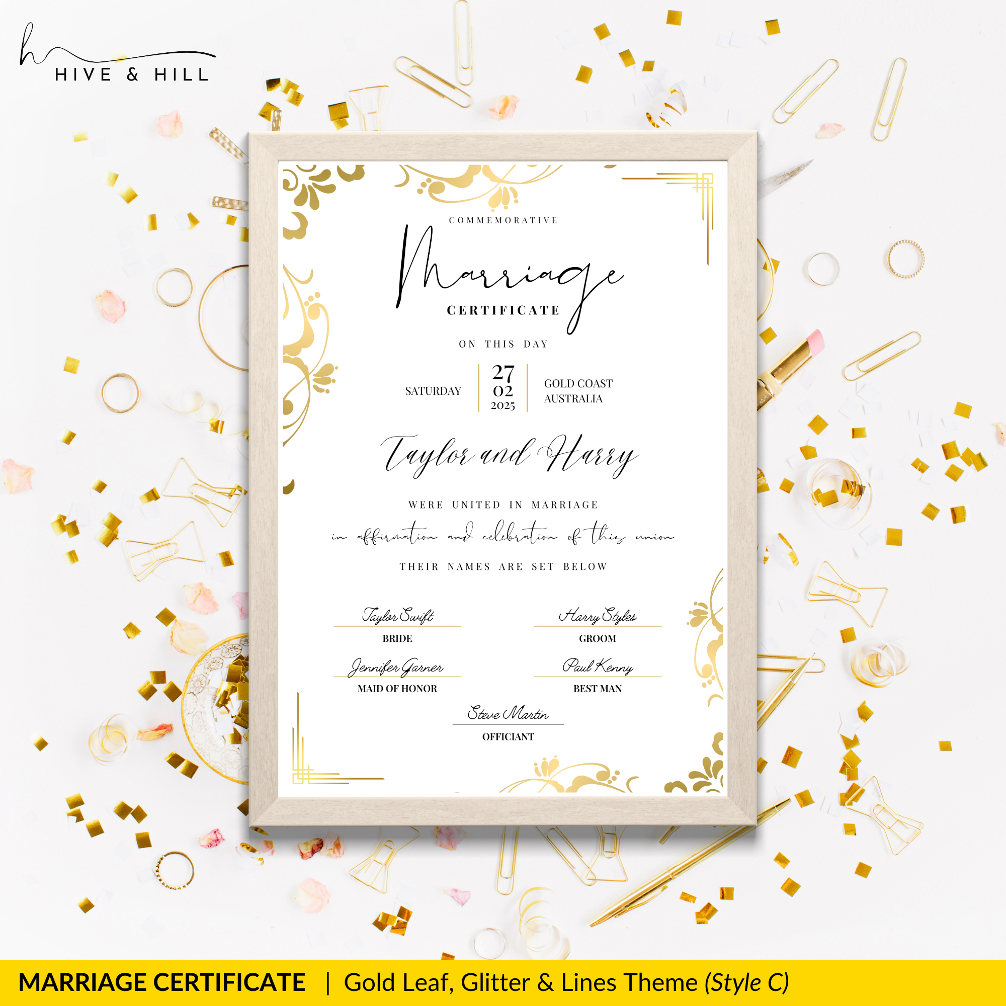 Sophisticated Gold Portrait Marriage Certificate – A Lasting Symbol of Your Wedding Day