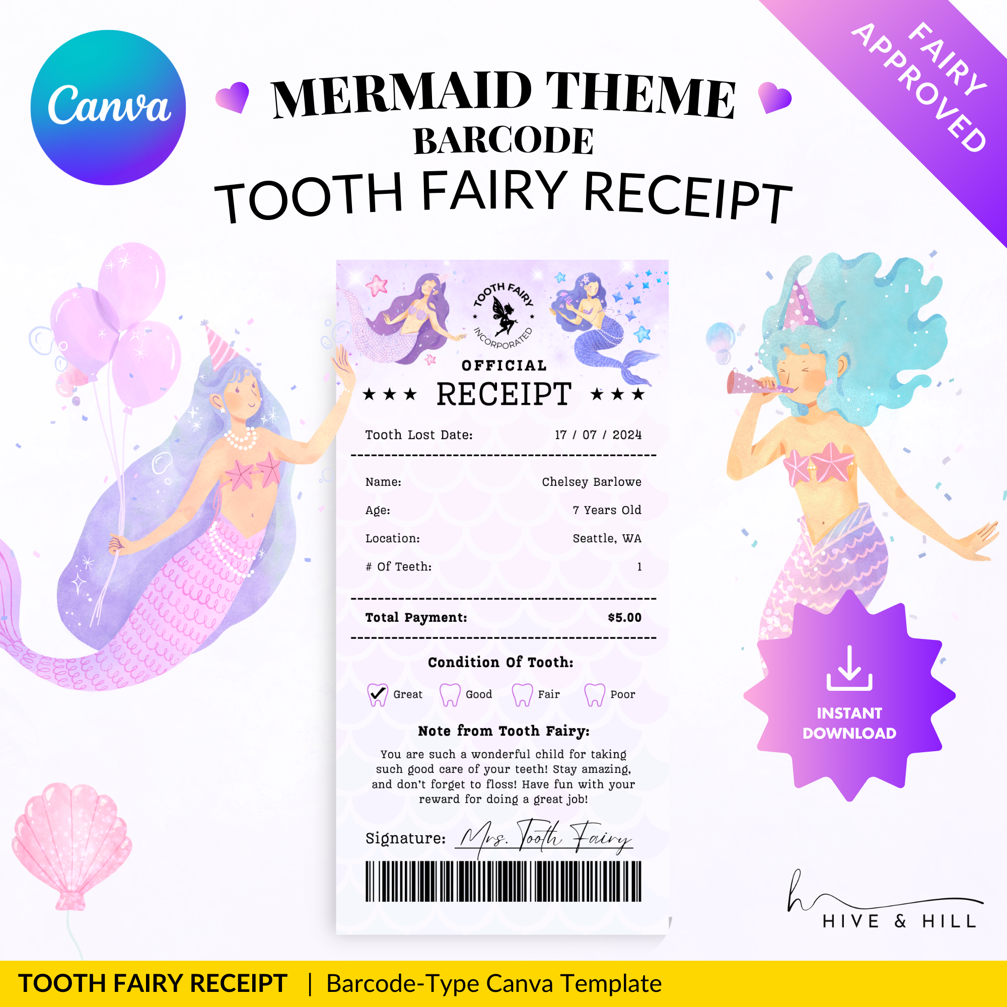 INSTANT DOWNLOAD Little Girl Mermaid Tooth Fairy Receipt - Edit, and Print for a Magical Surprise Under the Pillow.