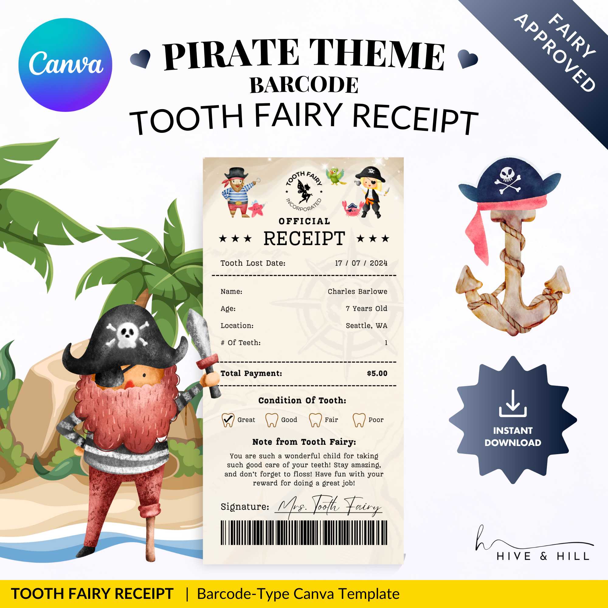 CUSTOM Pirate Adventure Tooth Fairy Receipt - Download, Edit, and Print for a Swashbuckling Surprise Under the Pillow.