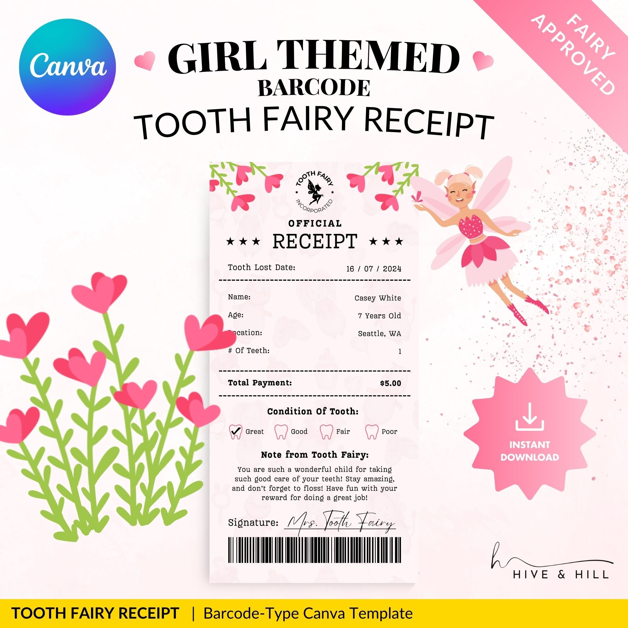 PERSONALIZED Baby Girl Tooth Fairy Receipt - Download, Edit, and Print for a Sweet Surprise Under the Pillow.